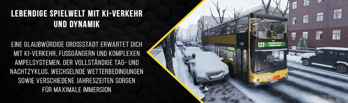 Ein gelber Doppeldeckerbus fährt im Schnee. Autos parken am Straßenrand.
