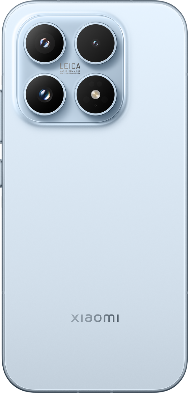 Ein hellblaues Smartphone mit vier Kameras und dem Xiaomi-Logo.