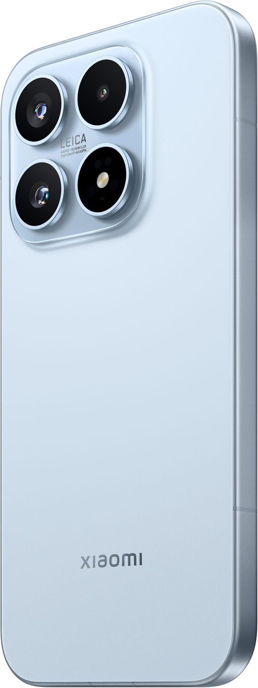 Ein hellblaues Smartphone mit vier Leica-Kameras auf der Rückseite.