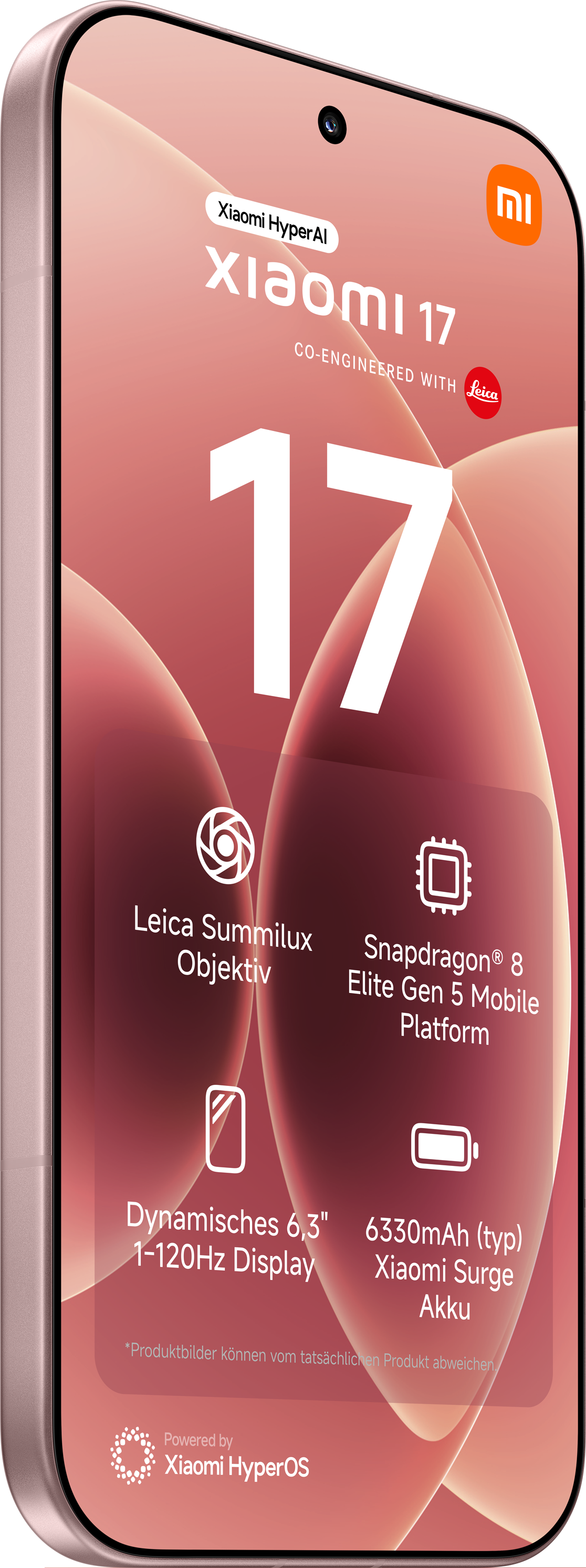 Xiaomi 17 mit Leica Objektiv, Snapdragon 8, 6,3" 120Hz Display, 6330mAh Akku.