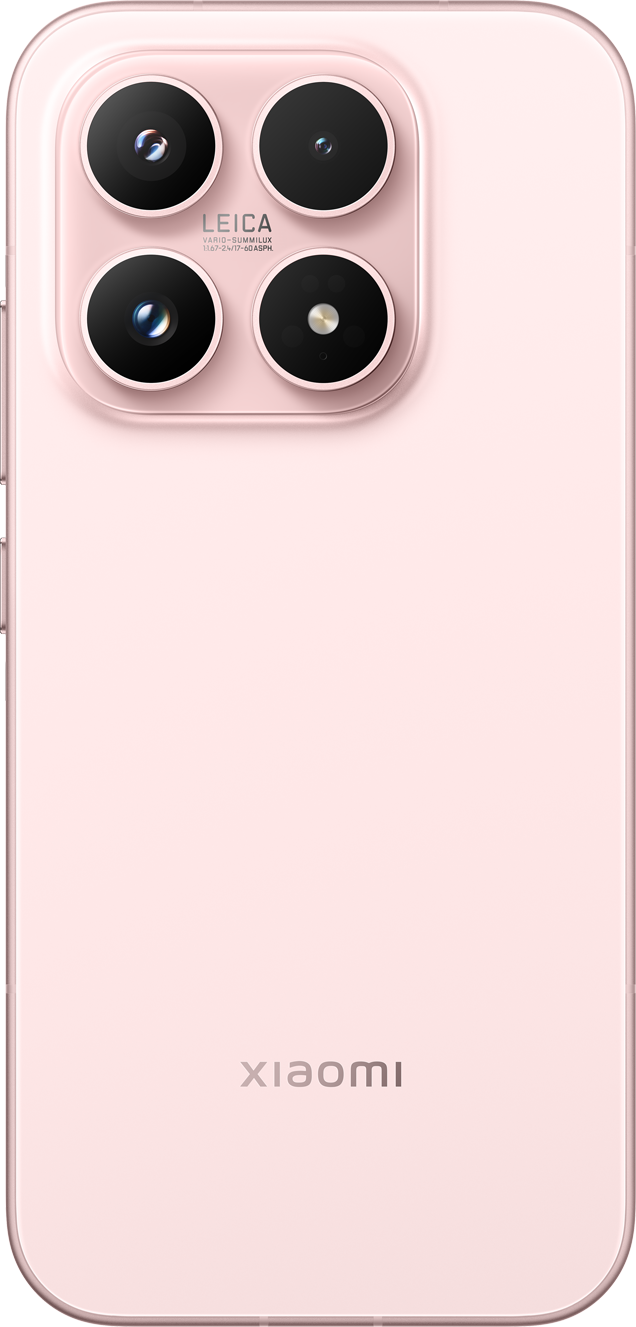 Ein rosafarbenes Smartphone mit Leica-Kamera-Modul und Xiaomi-Logo.