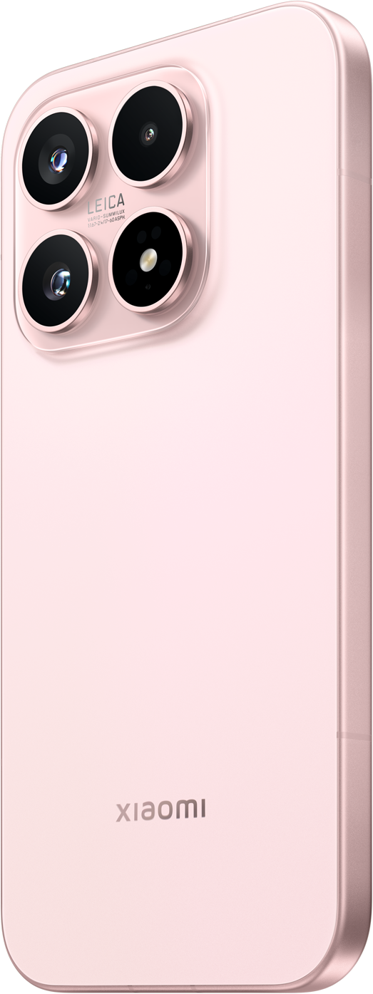 Rückseite eines rosafarbenen Smartphones mit vier Kameras und dem Xiaomi-Logo.