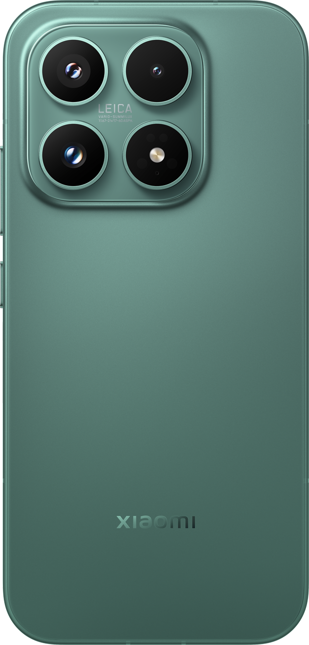 Rückseite eines grünen Smartphones mit vier Kameras und Leica-Branding.
