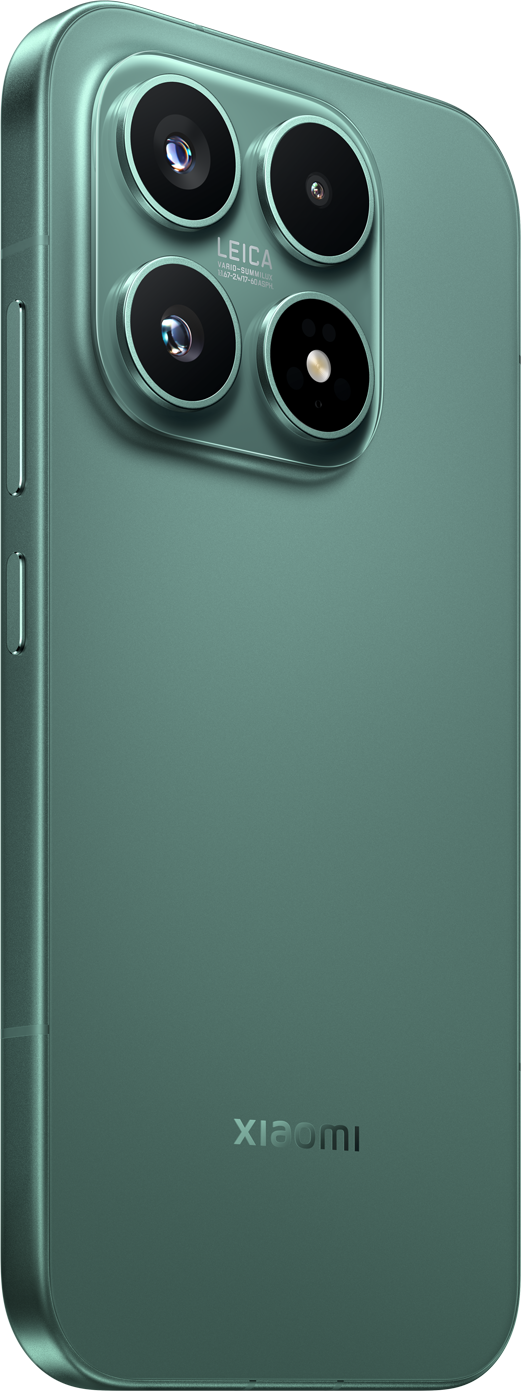 Rückseite eines grünen Smartphones mit vier Kameras und Leica-Branding.