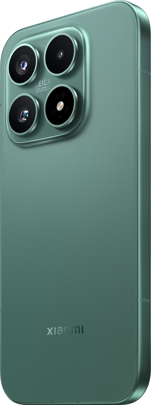 Rückseite eines grünen Smartphones mit vier Kameras und Xiaomi-Logo.
