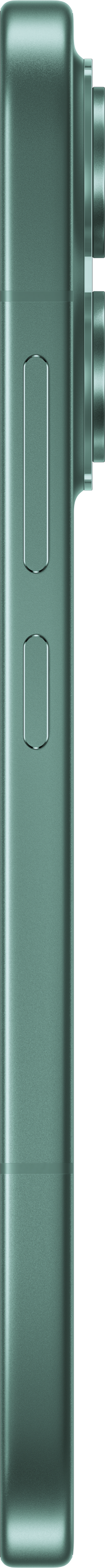 Grünes Smartphone mit seitlichen Tasten und Kameralinsen.