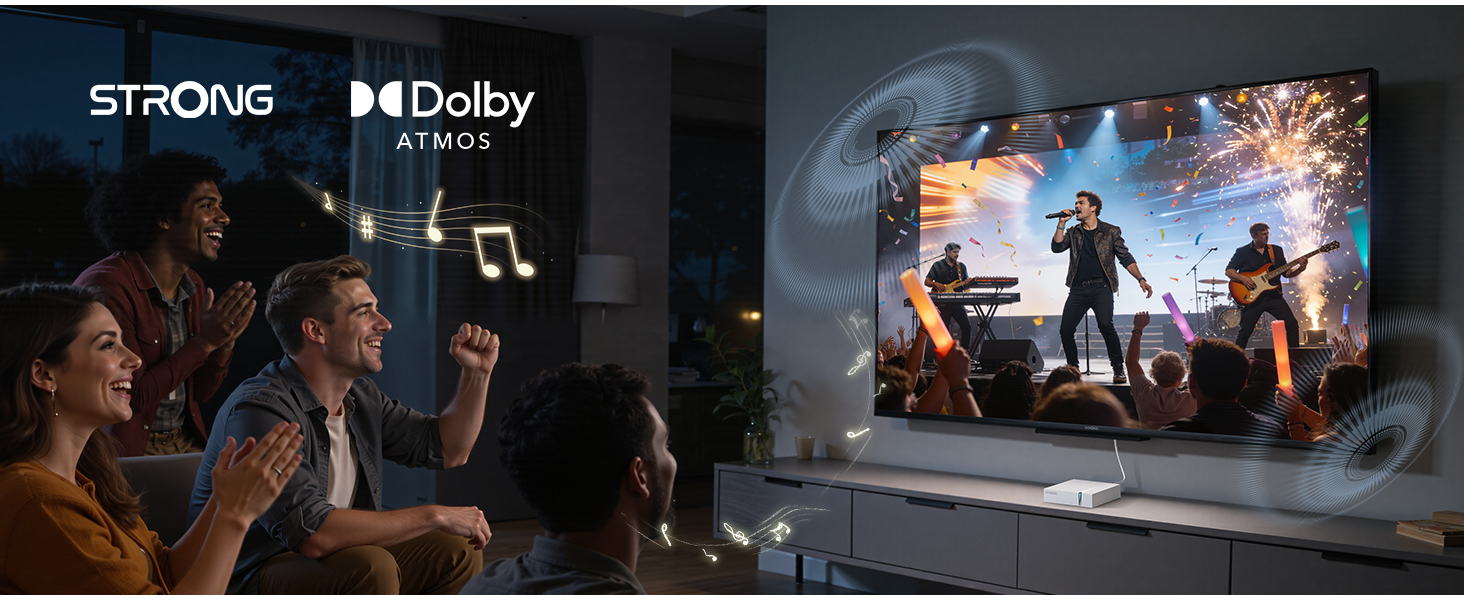 Personas disfrutan un concierto en TV con fuegos artificiales y audio Dolby Atmos.