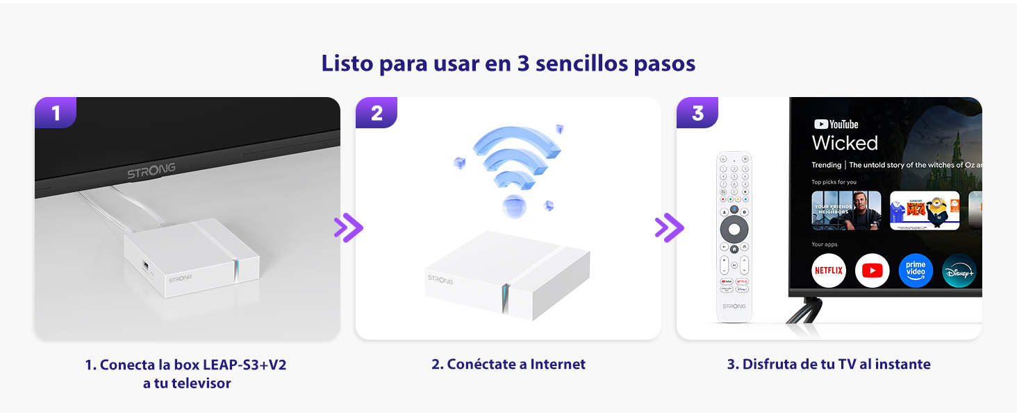 Listo para usar en 3 sencillos pasos. 1. Conecta la box LEAP-S3+V2 a tu tv. 2. Conéctate a internet. 3. Disfruta de tu tv al instante