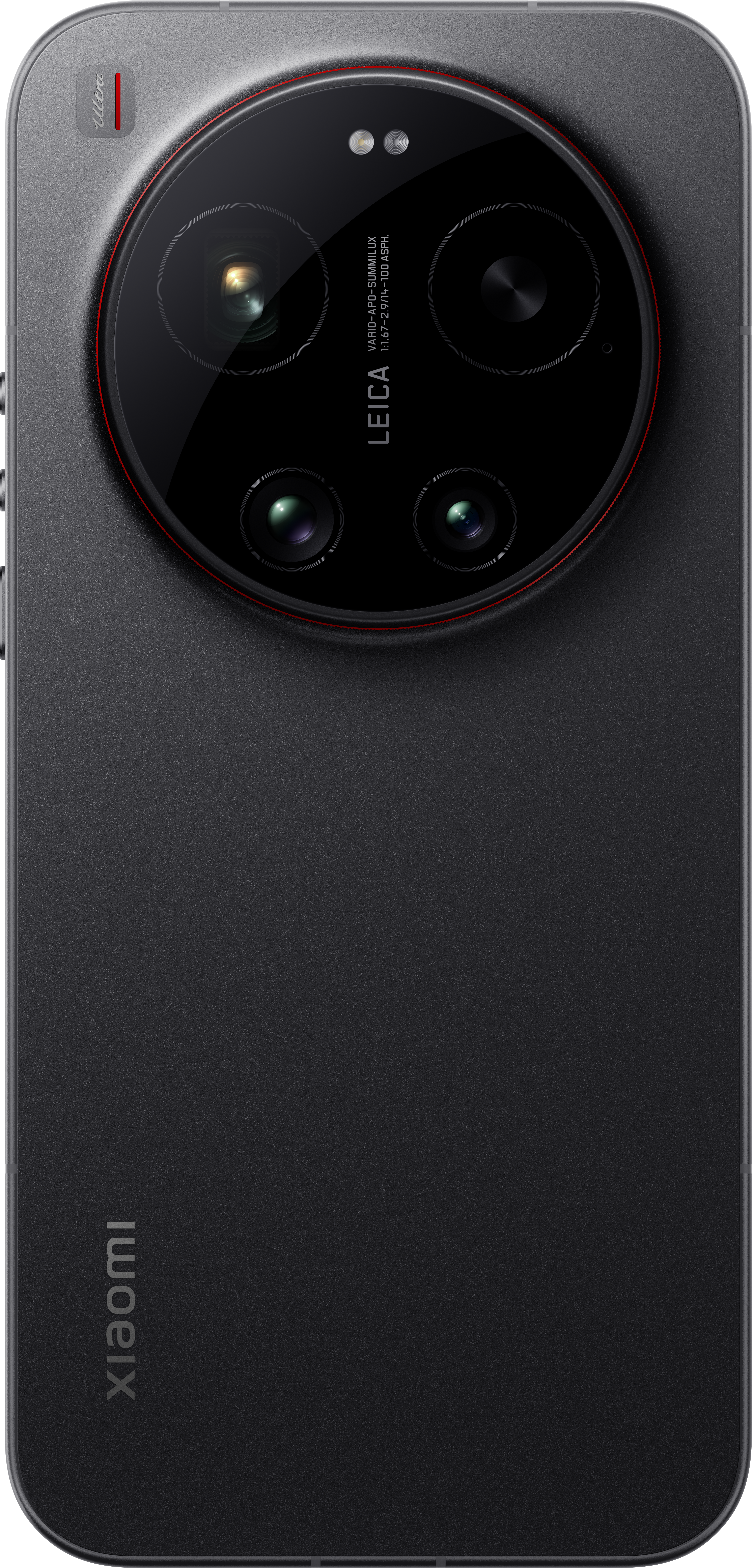 Dunkelgraues Smartphone mit Leica-Kamera und rotem Ring.