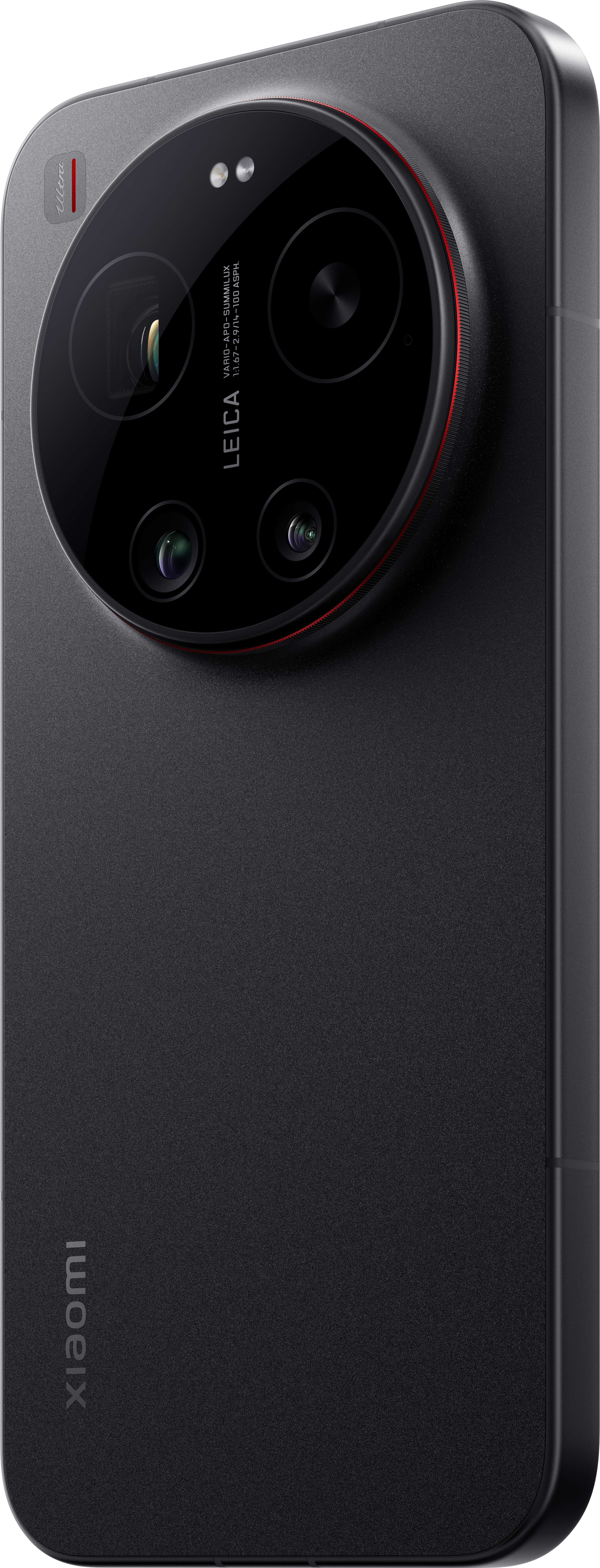 Schwarzes Smartphone mit Leica-Kamera. Die Rückseite ist matt texturiert.