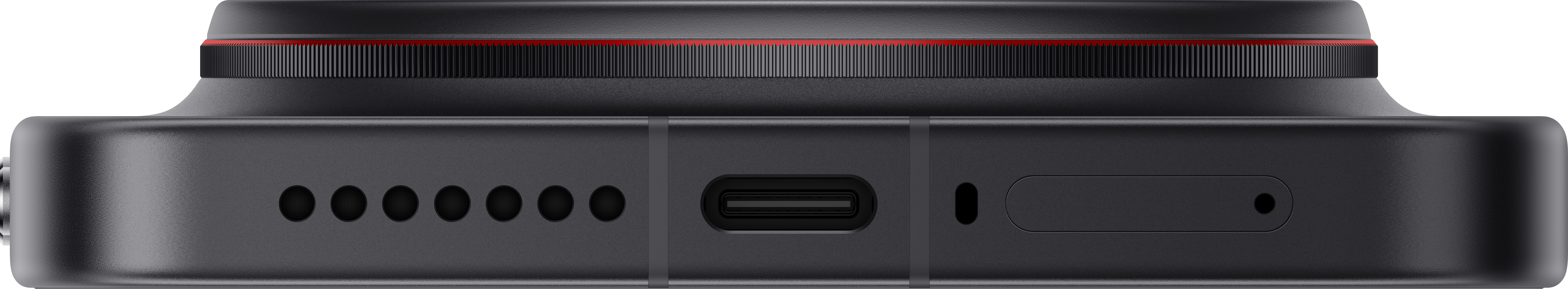 Nahaufnahme: Schwarzes Gerät mit roten Akzenten, USB-C, Lautsprecheröffnungen.