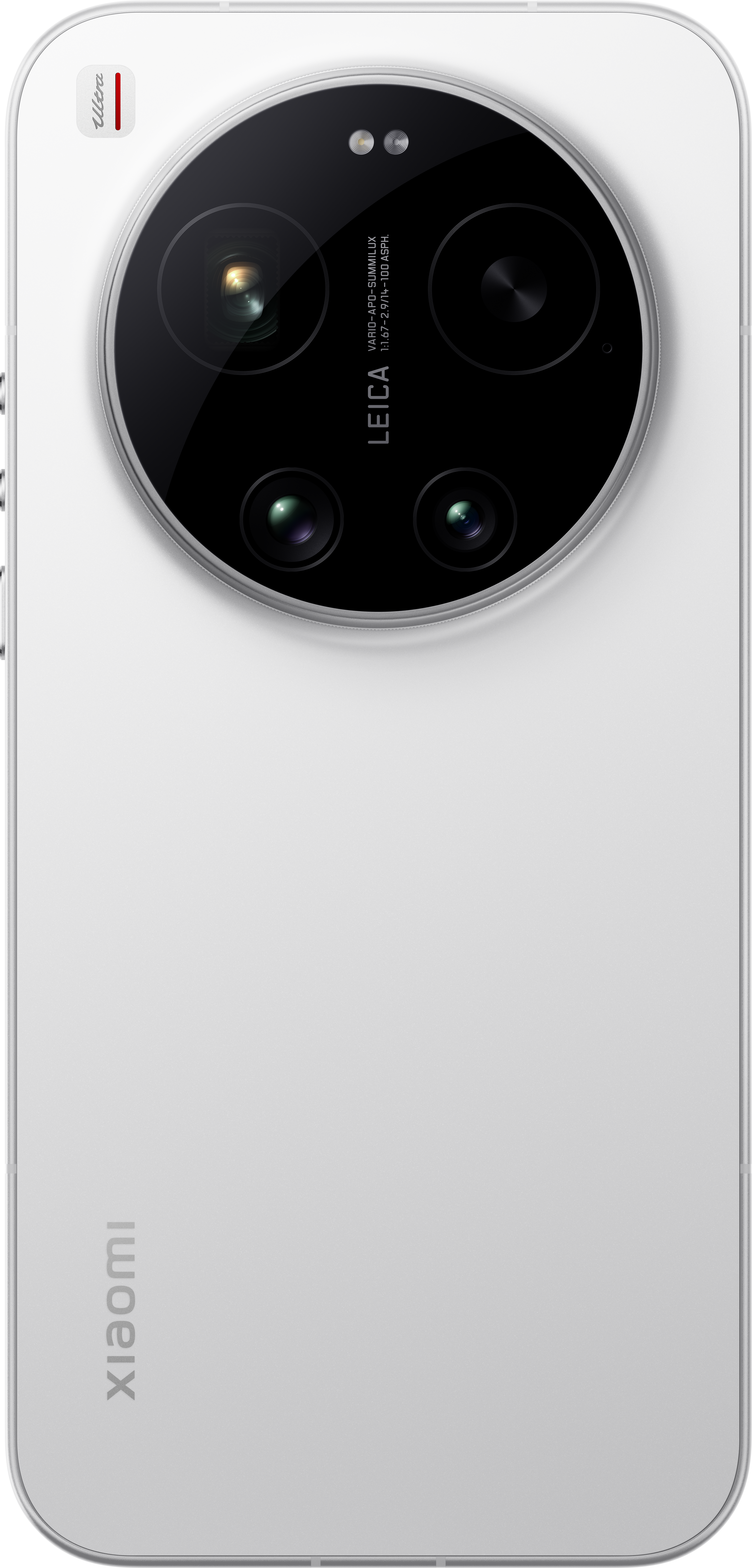 Ein weißes Smartphone mit großem, kreisförmigem Kameramodul und Leica-Branding.