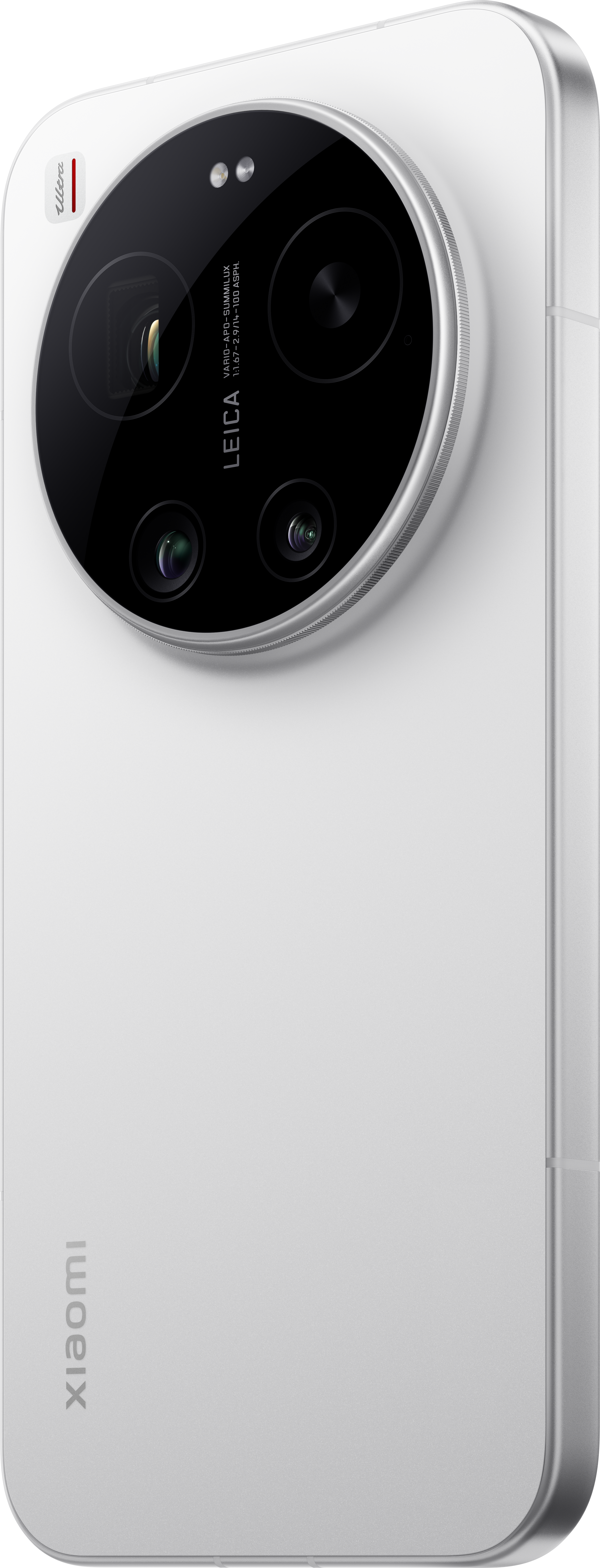 Eine weiße Smartphone-Rückseite mit einem großen, runden Kameramodul mit Leica-Aufschrift.