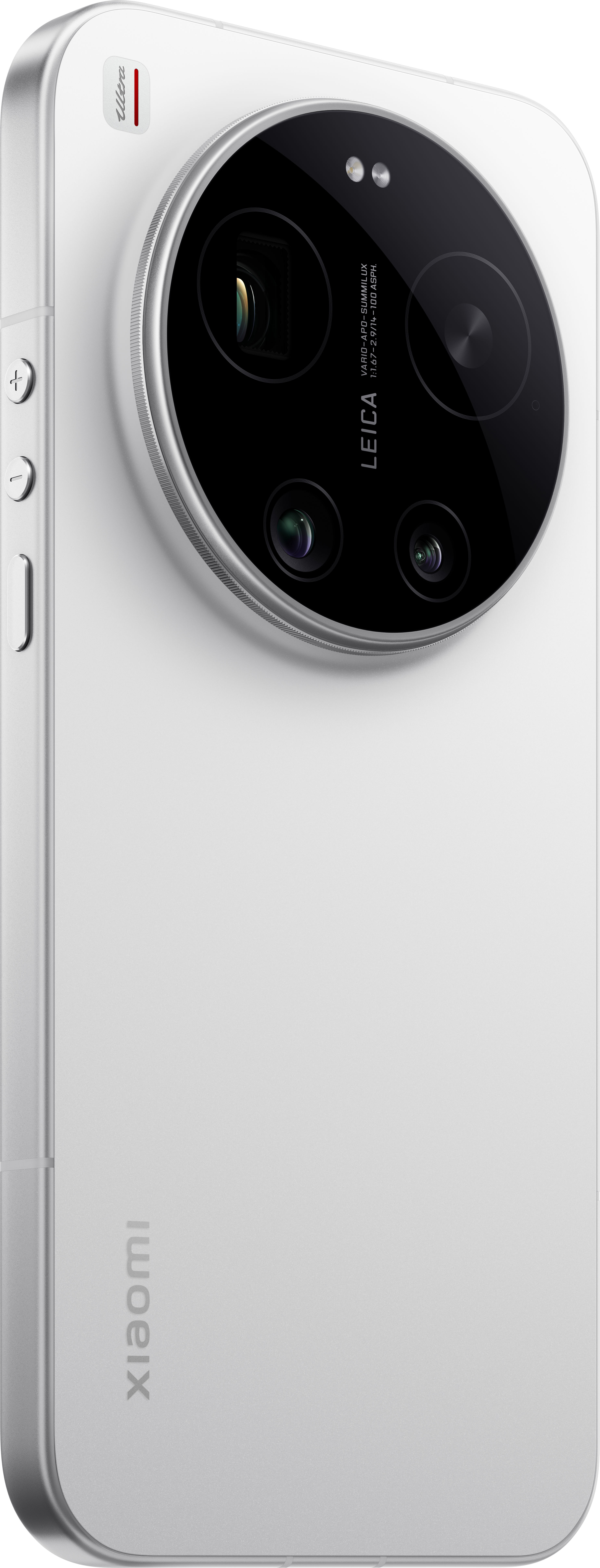 Ein weißes Xiaomi-Smartphone mit Leica-Kameraobjektiv und silbernem Rahmen.