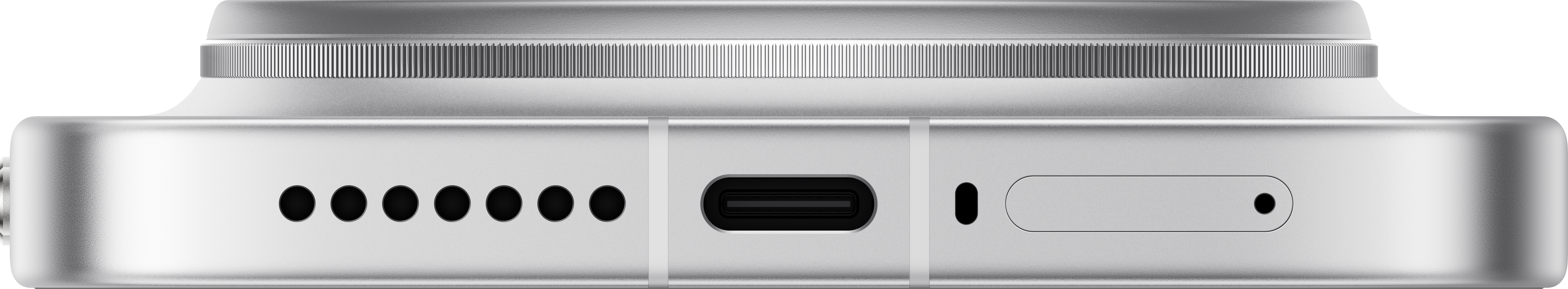Nahaufnahme eines silbernen Geräts mit Lautsprecheröffnungen, USB-C-Anschluss und Mikrofon.