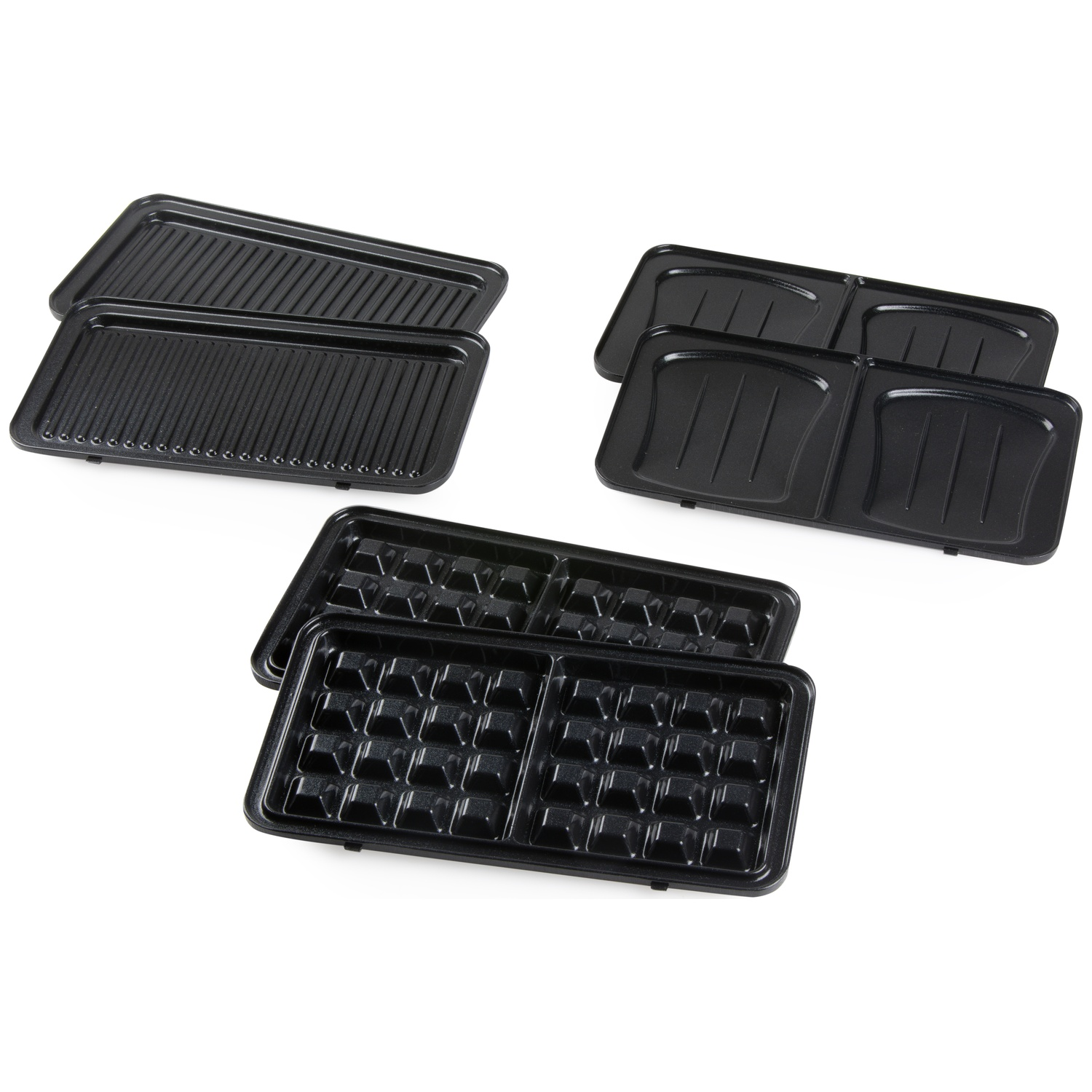Three interchangeable grill plates for a kitchen appliance, on a white background.