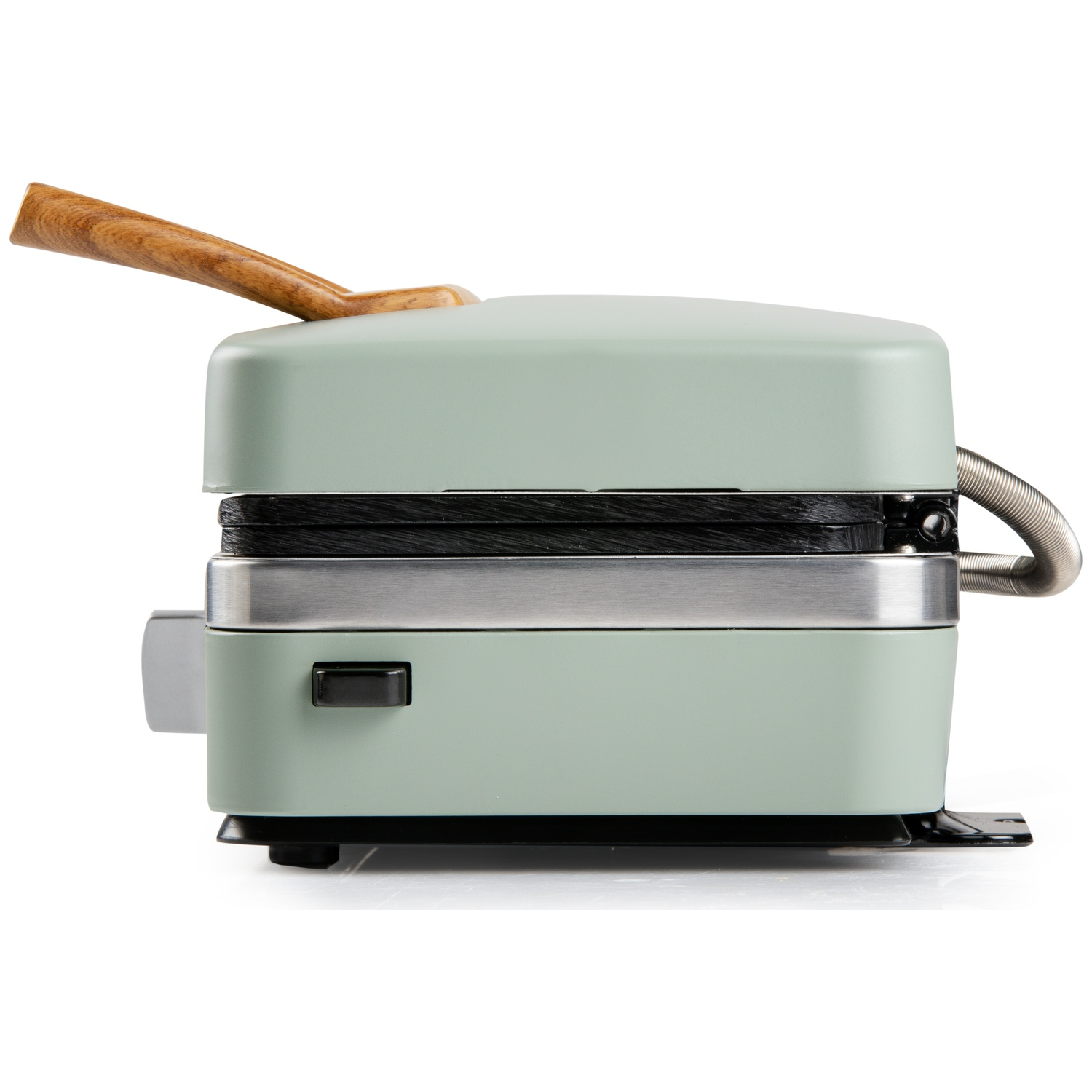 Green waffle maker with a wooden handle and silver lever.