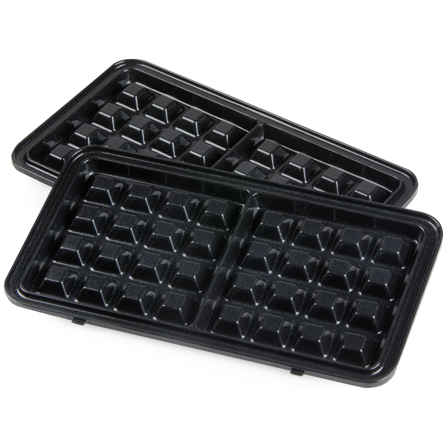 Two black rectangular waffle plates with square indentations side by side.
