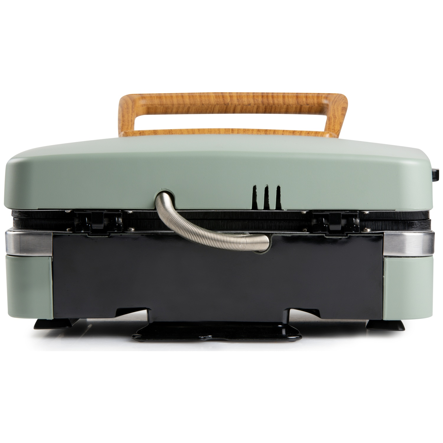 A closed, sage green electric grill with a wood-grain handle and black base.