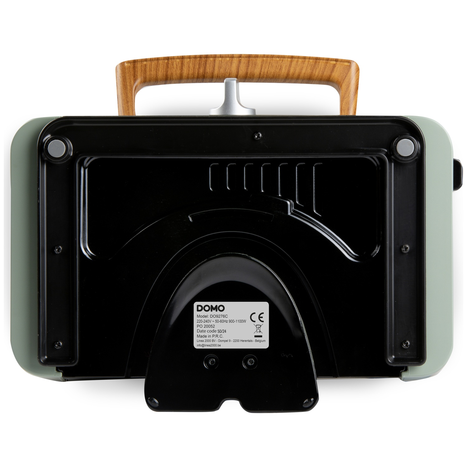 Green coffee machine with wooden handle and black casing.