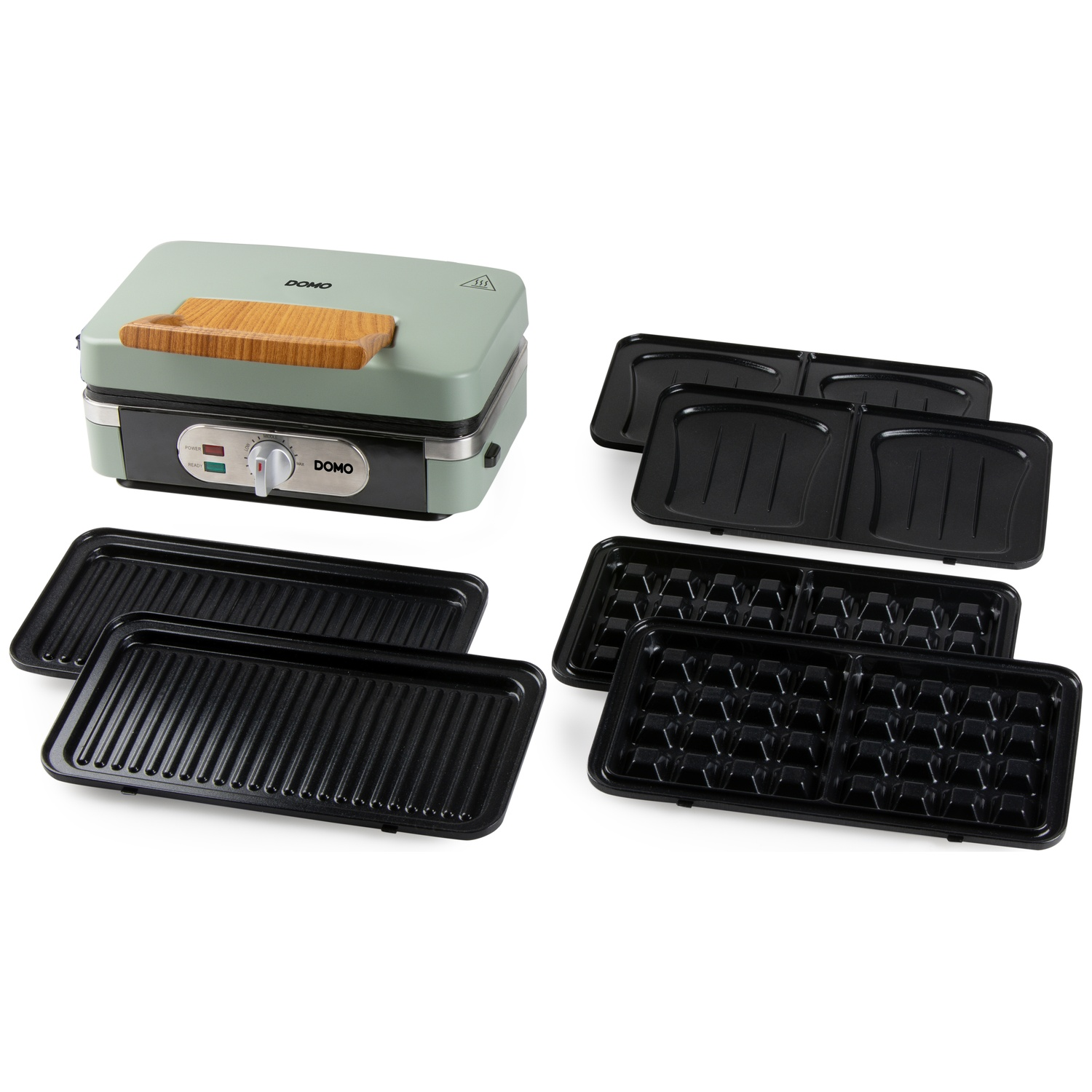 A light green Domo waffle maker with a wooden handle and accessories.