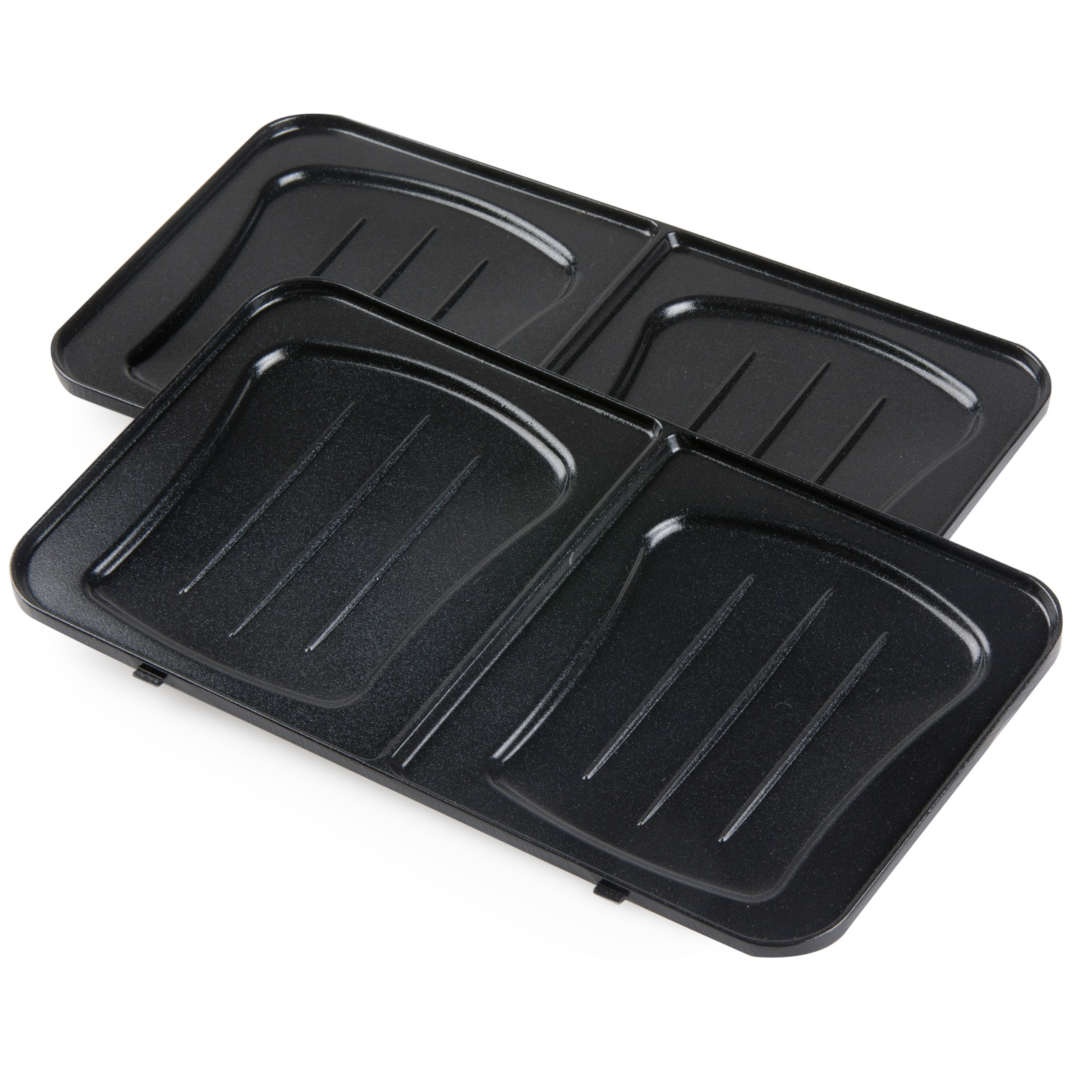Two black rectangular grill plates with grooves on a white background.