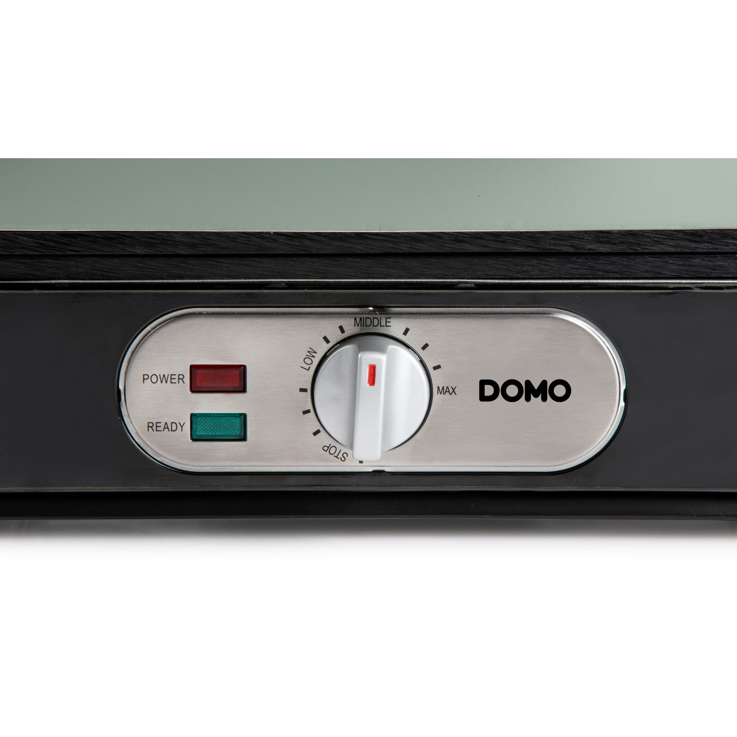 Control panel of a DOMO appliance with a dial and red/green lights.
