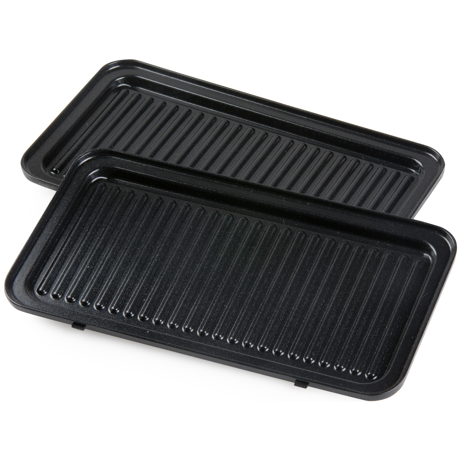 Two black grill plates with ridges lie on top of each other.