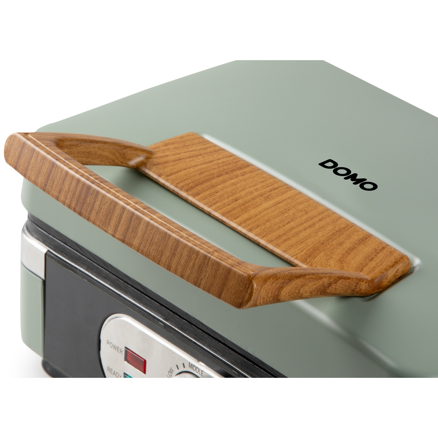 Green DOMO sandwich maker with wood-look handle and controls.