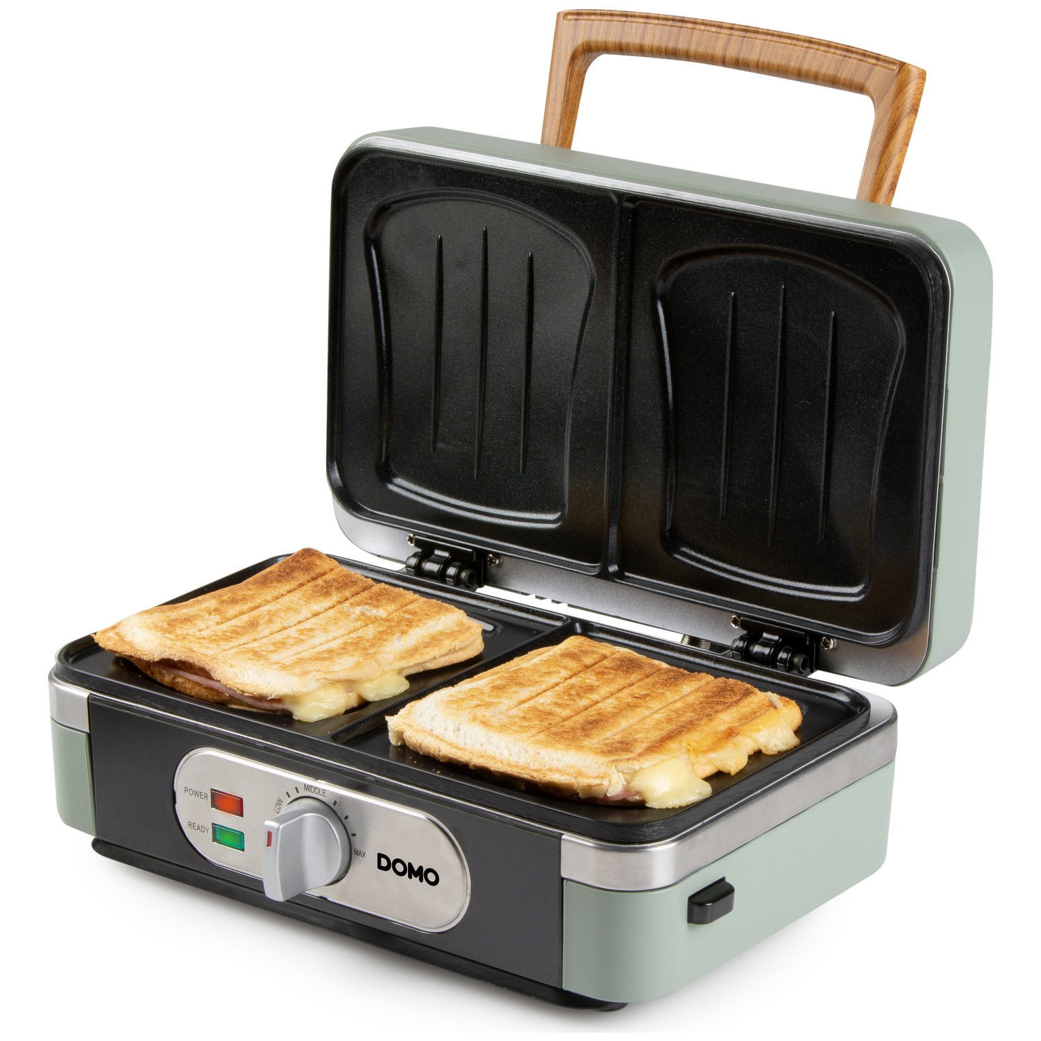 An open sandwich maker with two golden-brown sandwiches showing melted cheese.