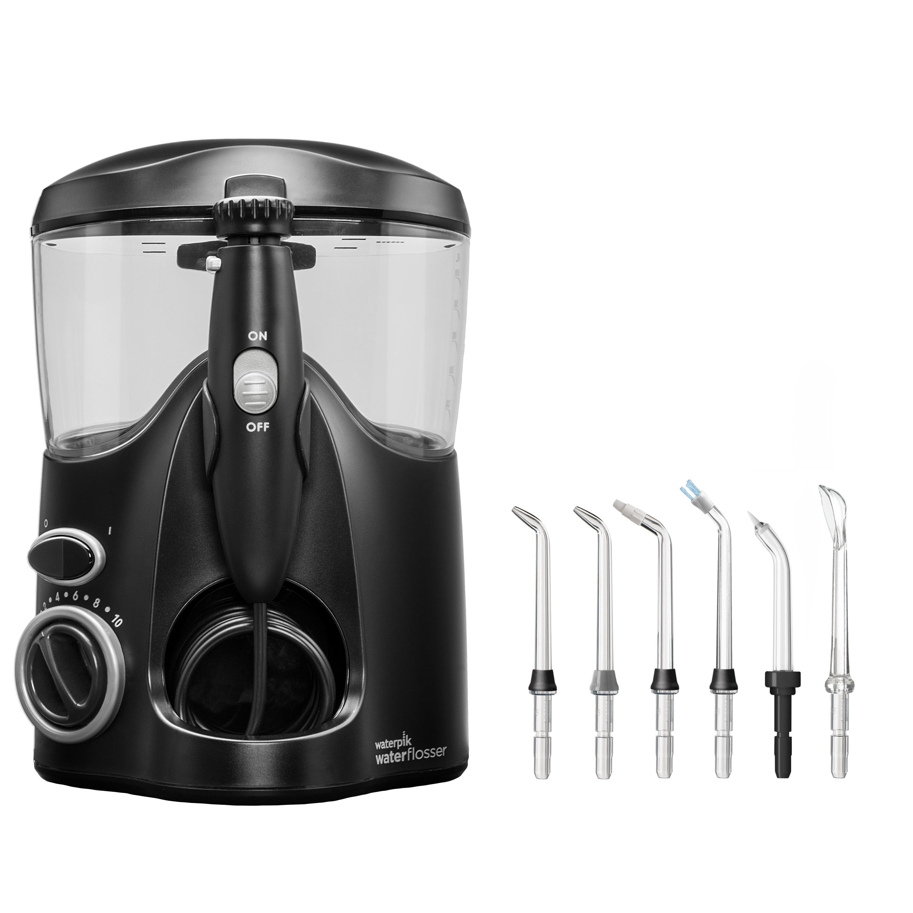 Czarny irygator dentystyczny z przezroczystym zbiornikiem i końcówkami.