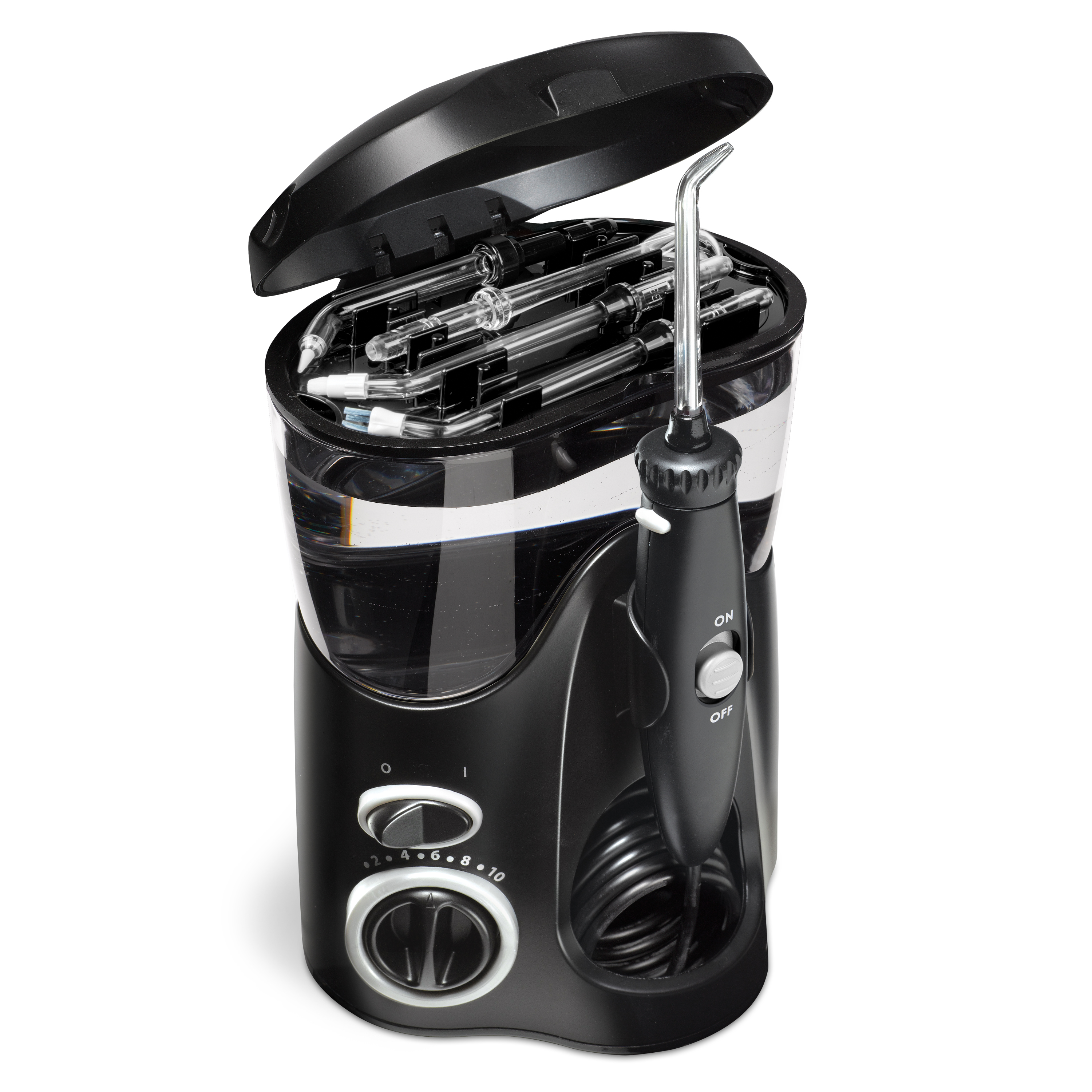 Czarna elektryczna irygator z otwartą pokrywą i wieloma końcówkami w środku.