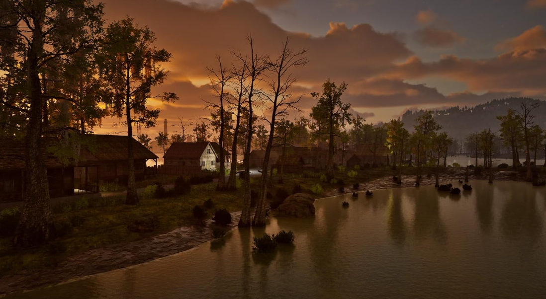 Abenddämmerung über einem Dorf am Wasser mit Bäumen und bewölktem Himmel.