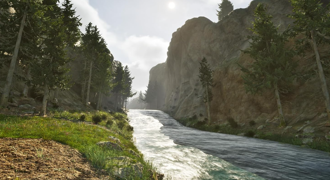 Ein Fluss fließt durch eine felsige Schlucht mit Bäumen und Sonnenlicht.