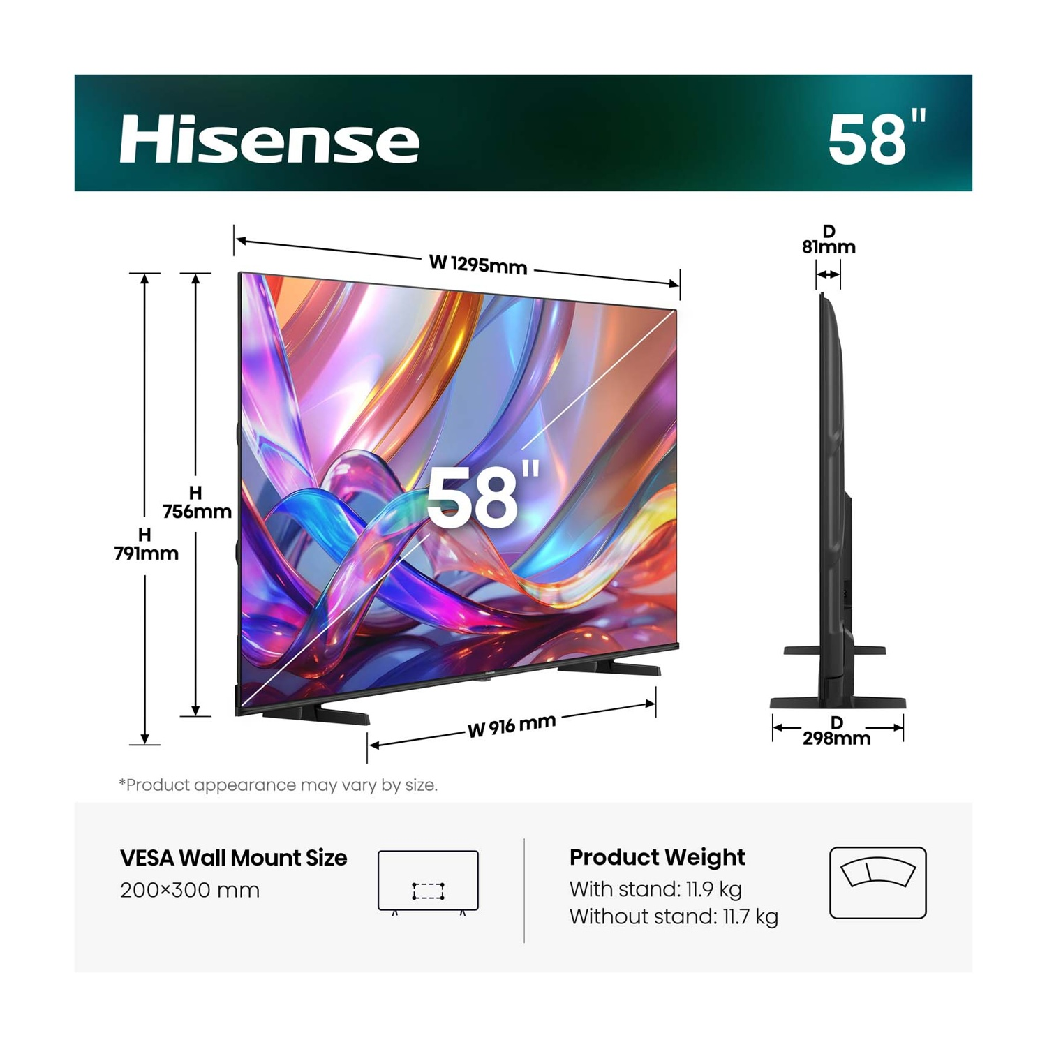 TV Hisense da 58 pollici con dimensioni e peso. VESA 200x300.