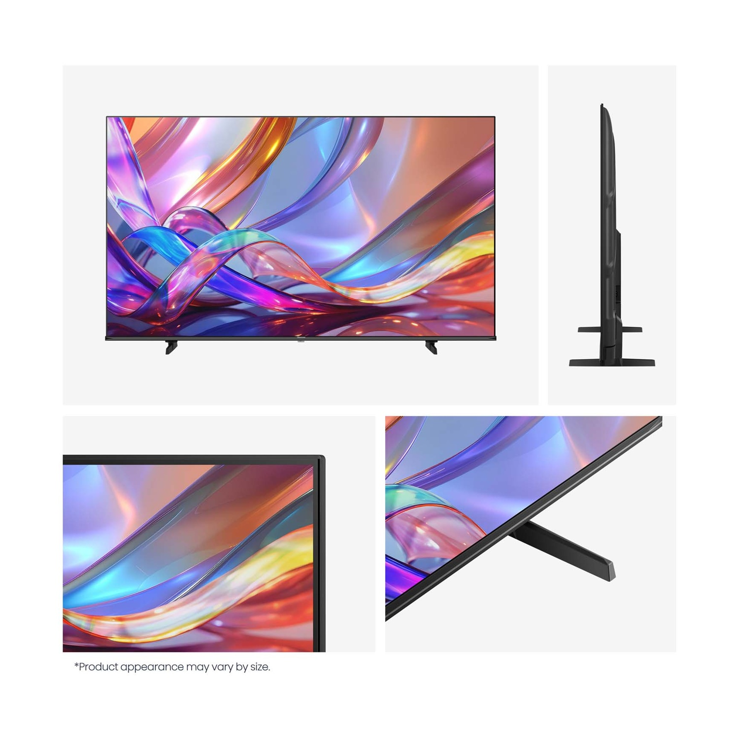 Una TV sottile con salvaschermo astratto colorato, mostrata con piedini stretti.