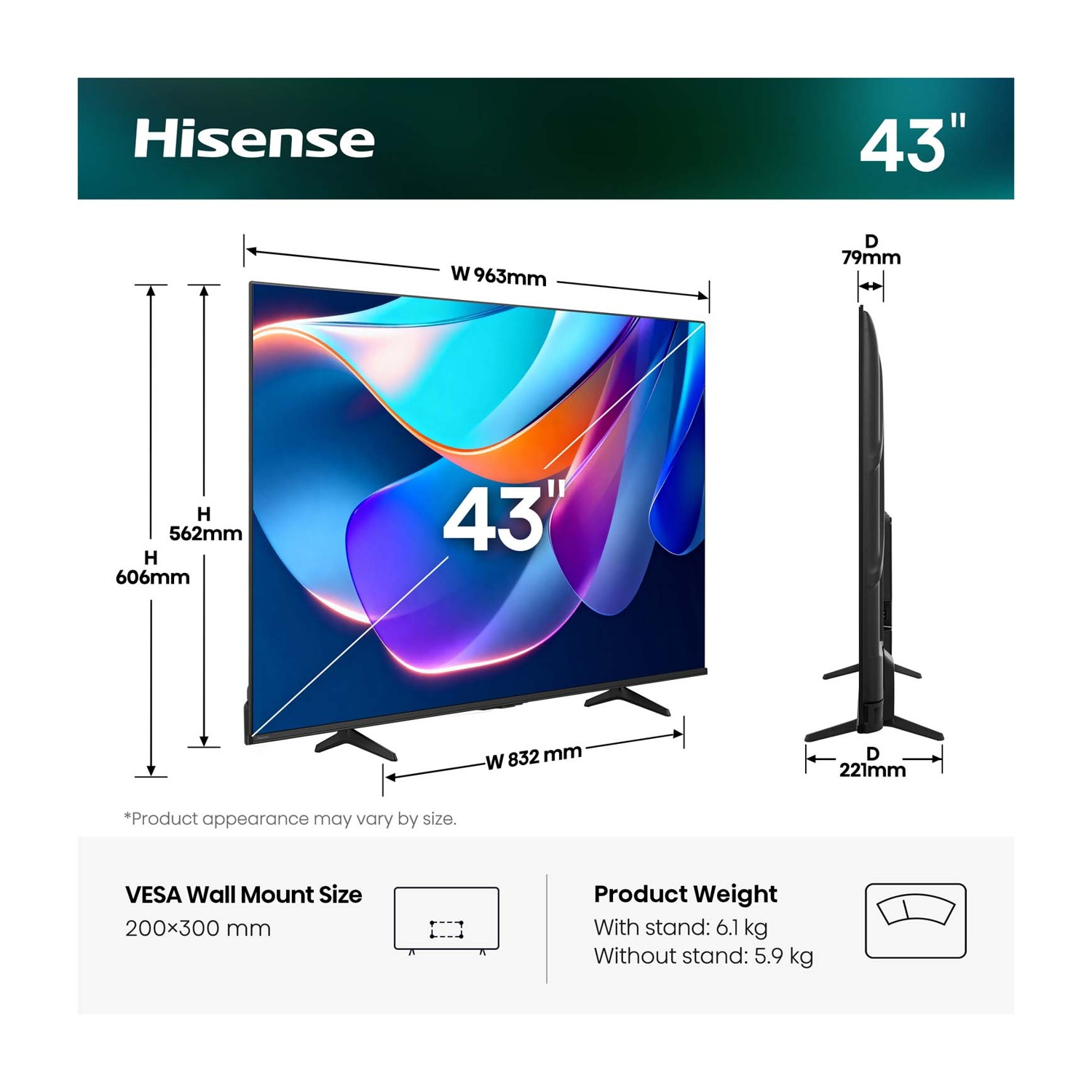 Una TV Hisense da 43 pollici con dimensioni e peso.