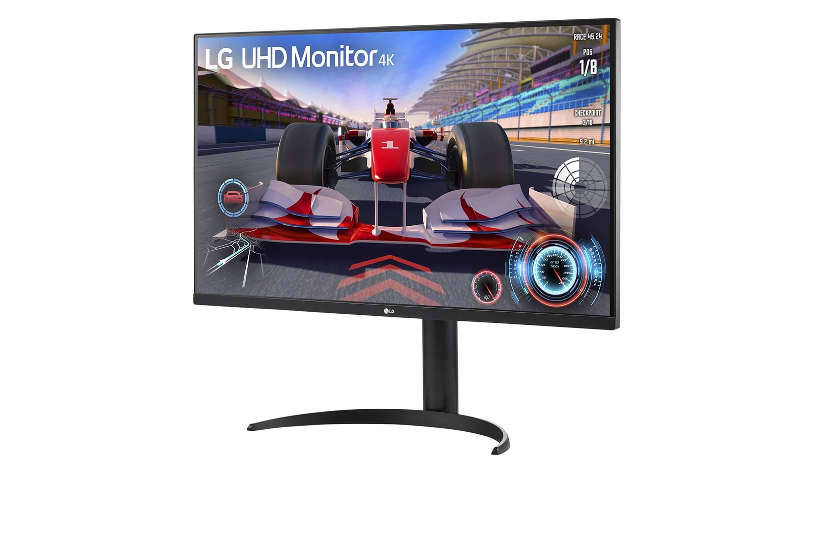 Monitor LG UHD 4K wyświetla grę wyścigową z bolidem F1.
