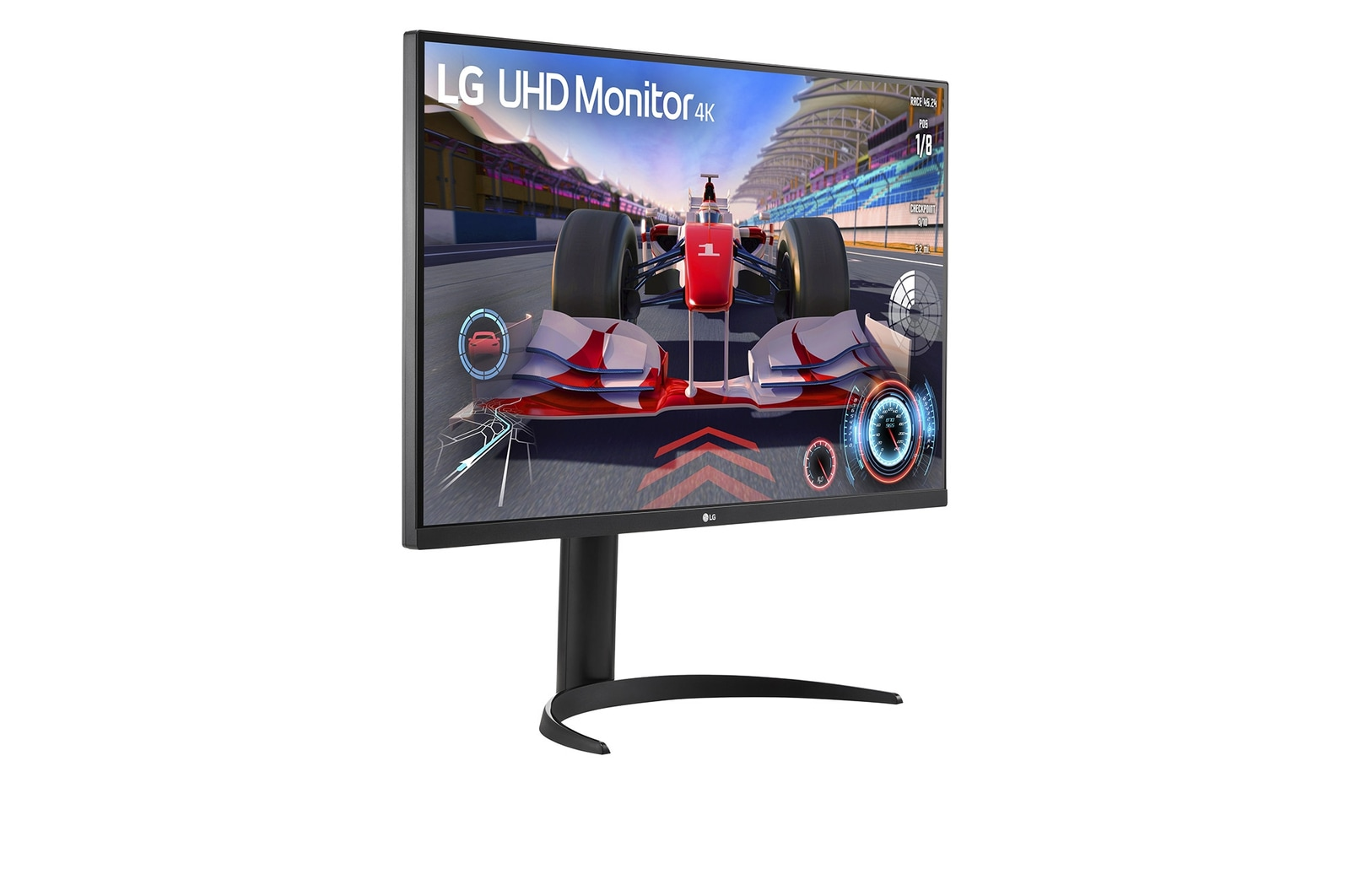 Monitor LG UHD 4K wyświetla grę wyścigową z samochodem F1.