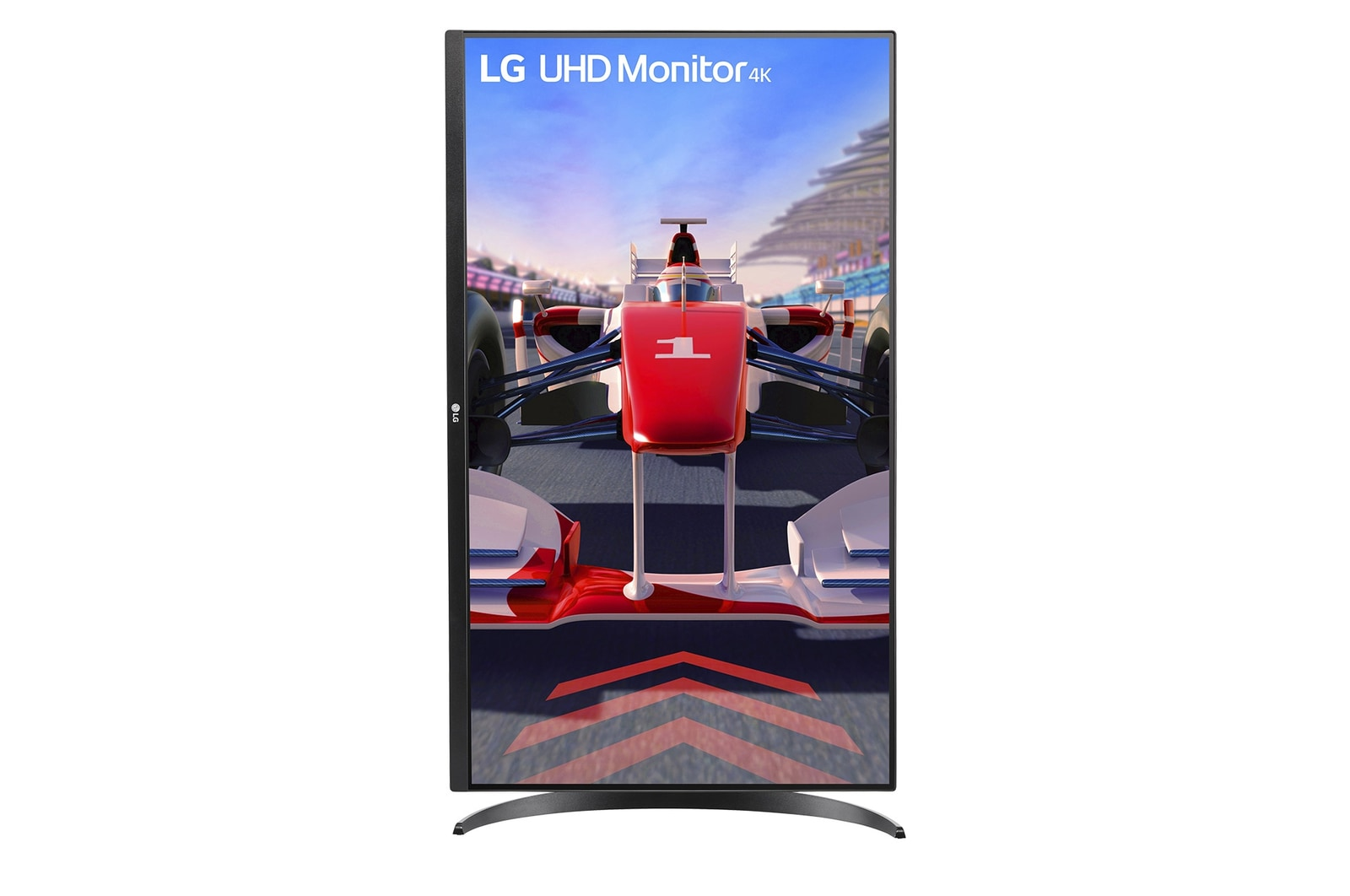 Monitor LG UHD 4K wyświetla samochód Formuły 1 na torze.