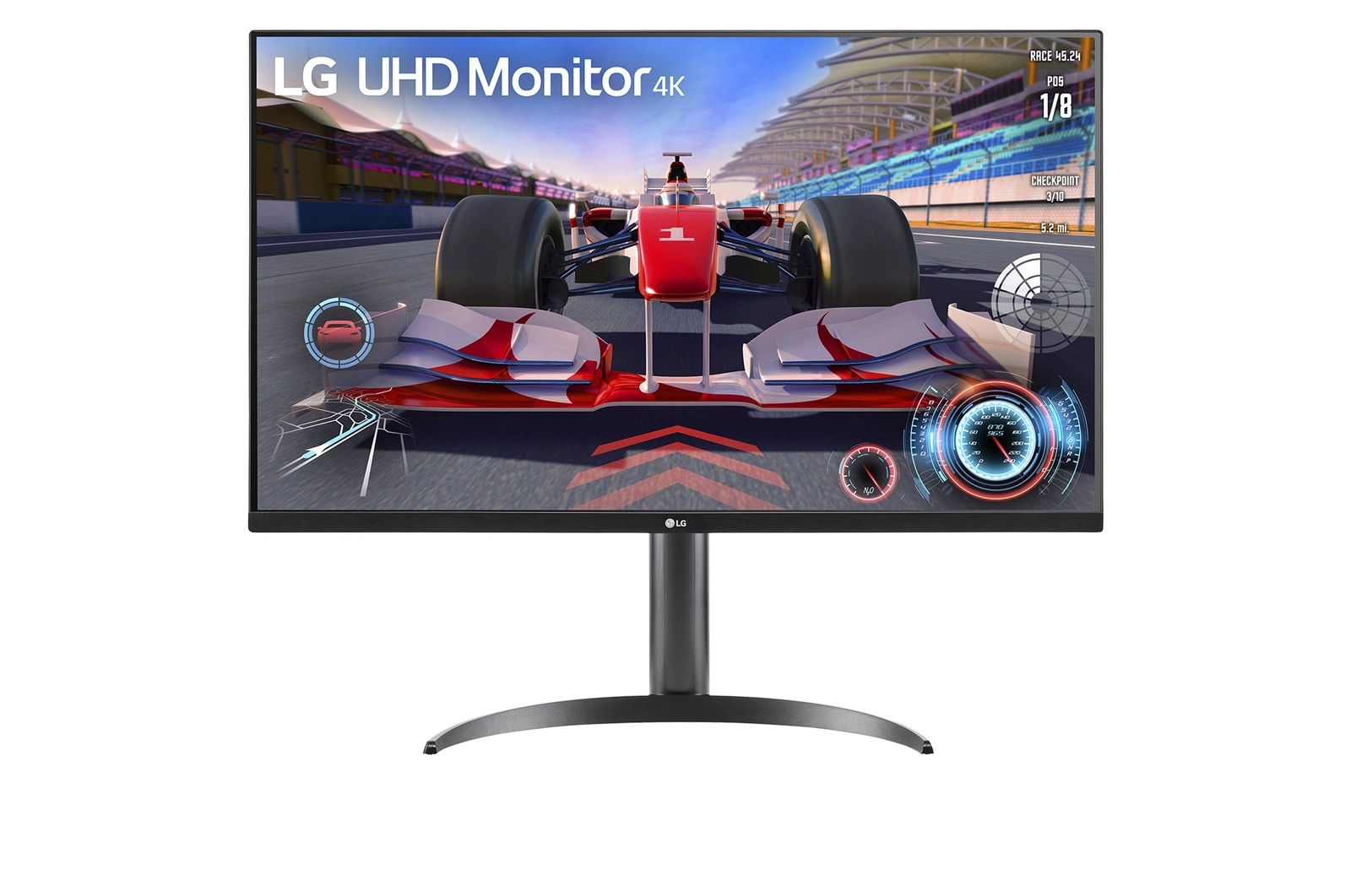 Monitor LG UHD 4K wyświetla grę wyścigową z samochodem Formuły 1 i wskaźnikami.
