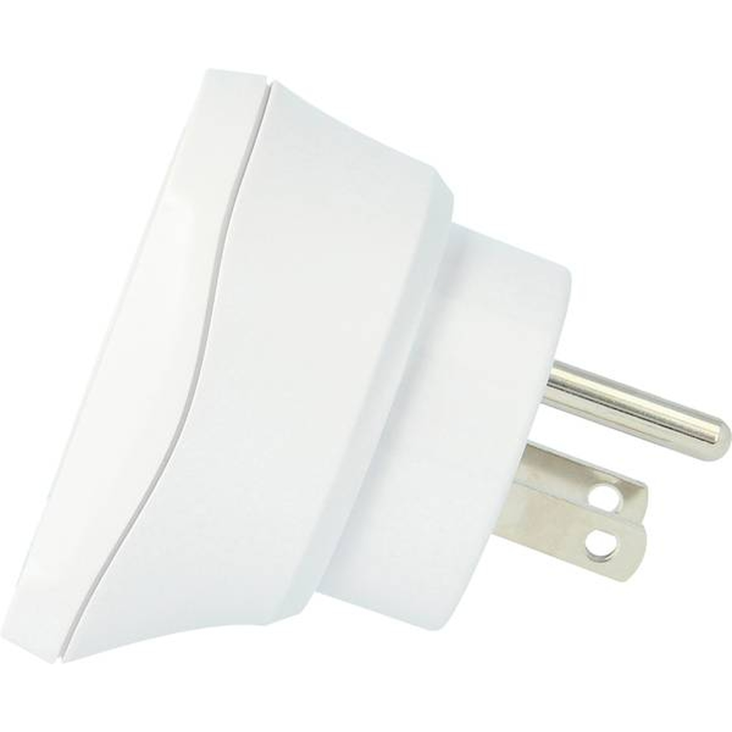 Un adaptateur de voyage blanc avec deux broches plates et une ronde.