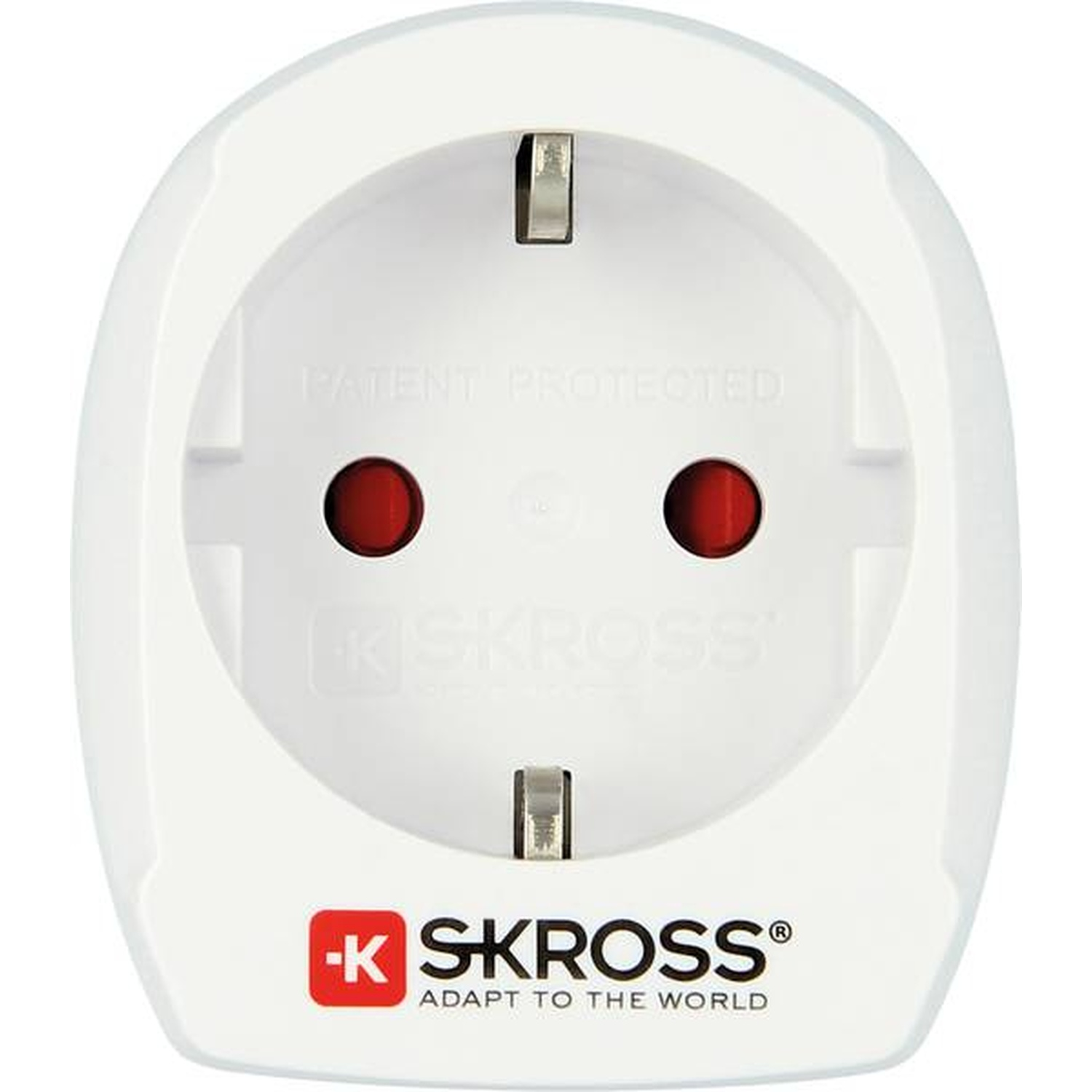 Un adaptateur de voyage blanc avec deux voyants rouges et un logo SKROSS.