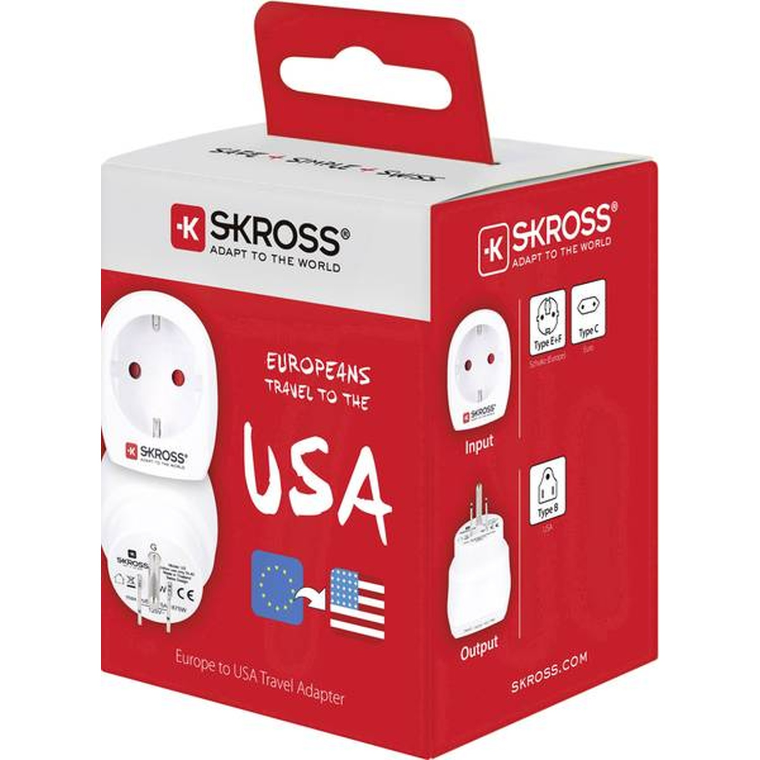 Adaptateur de voyage SKROSS Europe vers USA, blanc et rouge avec icônes.
