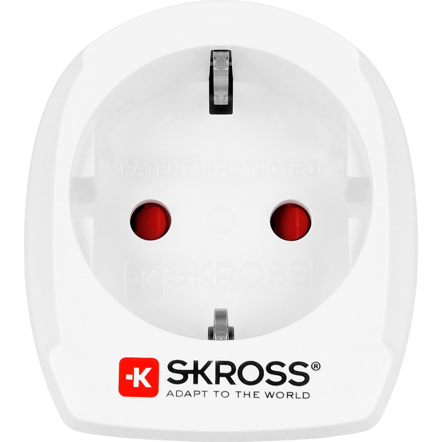 Un adaptateur de voyage blanc avec prises rouges et logo SKROSS.
