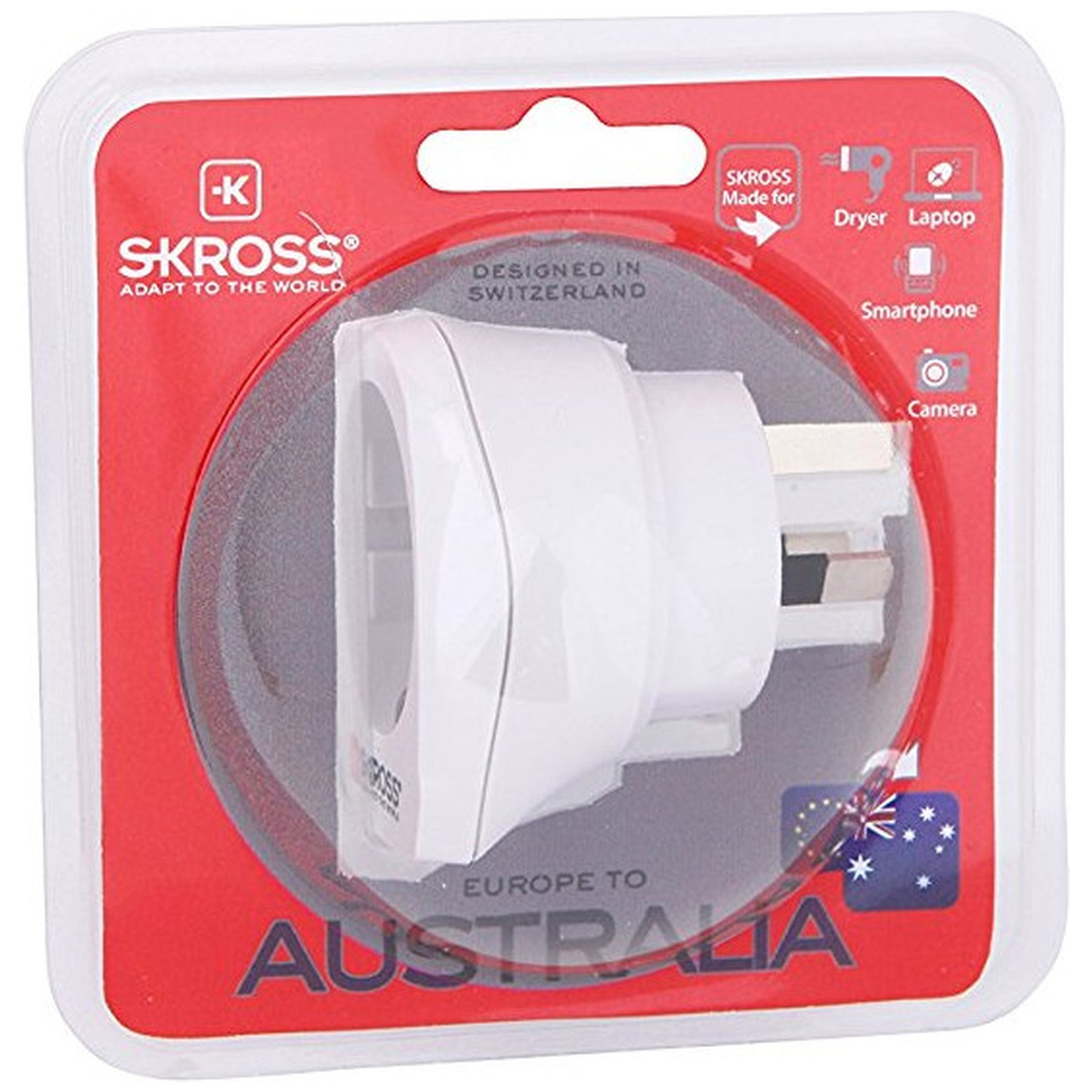 Un adaptateur de voyage blanc pour l'Europe vers l'Australie dans un emballage SKROSS.
