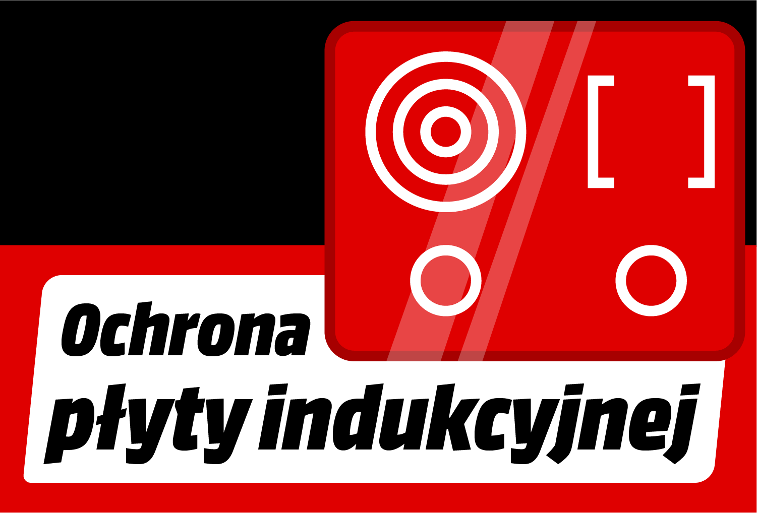 Czerwona płyta indukcyjna z białymi symbolami i polskim napisem.