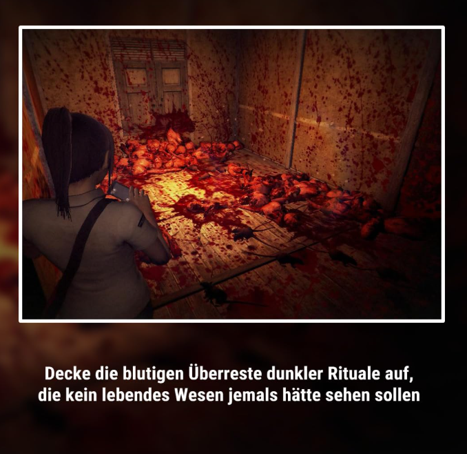 Eine Frau in einem blutigen Raum, der von Leichen bedeckt ist.