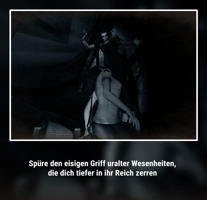 Eine dunkle Figur greift eine andere, die sich auf einer Treppe befindet.