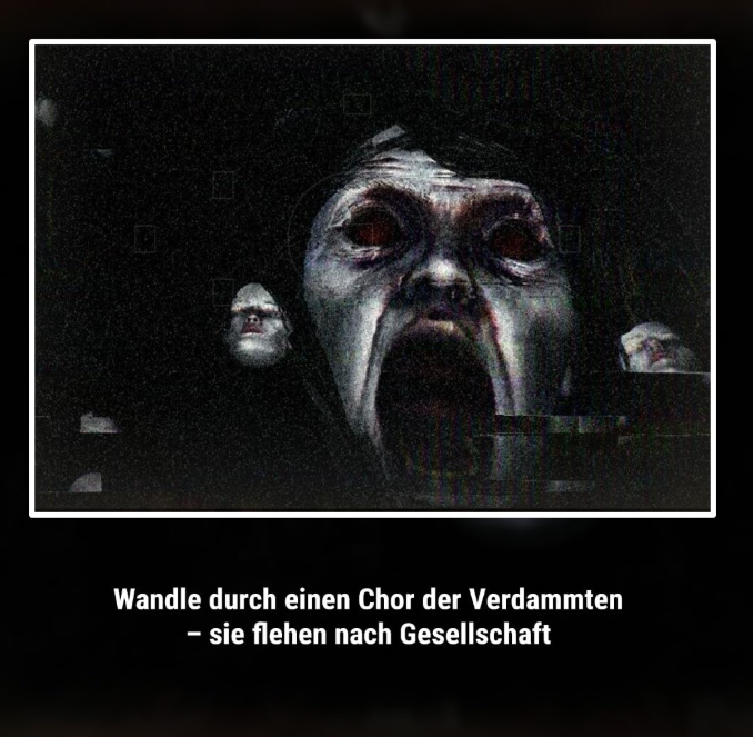 Drei erschreckende Gesichter mit roten Augen und weit aufgerissenen Mündern.